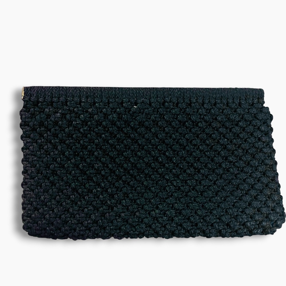 Vintage 1980s Black Crochet Popcorn Stitch Clutch Bag Evening Purse Snap Closure